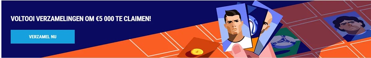 Dutch casino promotional banner inviting players to complete collections to claim €5,000, featuring collectible sports cards in hand and a blue “Collect now” call-to-action button on a blue and orange background.