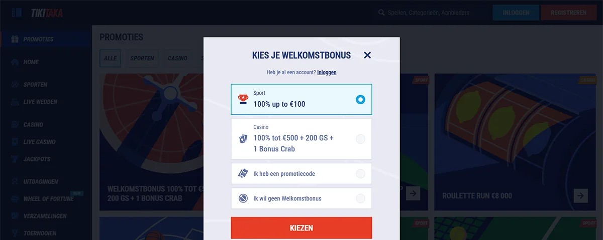 Tikitaka casino welcome bonus selection popup in Dutch, allowing users to choose a sports bonus of 100% up to €100, a casino bonus of 100% up to €500 plus 200 free spins and one Bonus Crab, enter a promo code, or opt out of a welcome bonus, with a red “Choose” button.